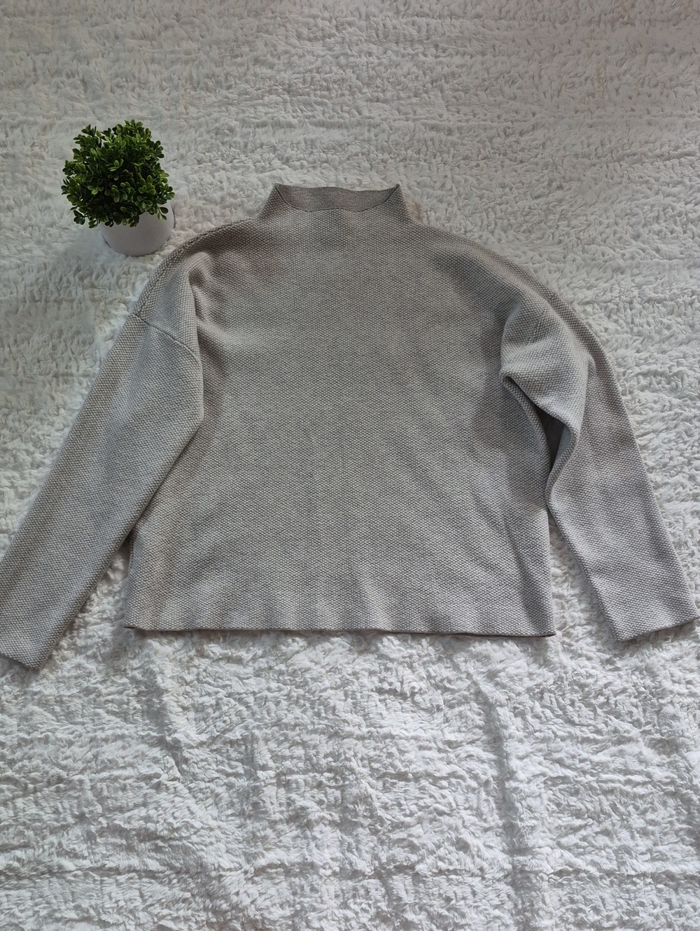 Tahari Taupe and White Turtleneck Boxy Knit Sweater